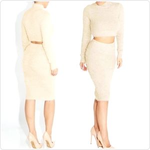 NWT Autumn/Fa_Winter Crop Top Long Sleeve Fleece Midi BodyCon  Skirt Set - Beige